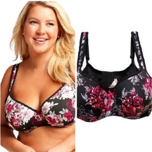 Lane Bryant Cacique Black Purple Gray Floral Lightly Lined Balconette Br…